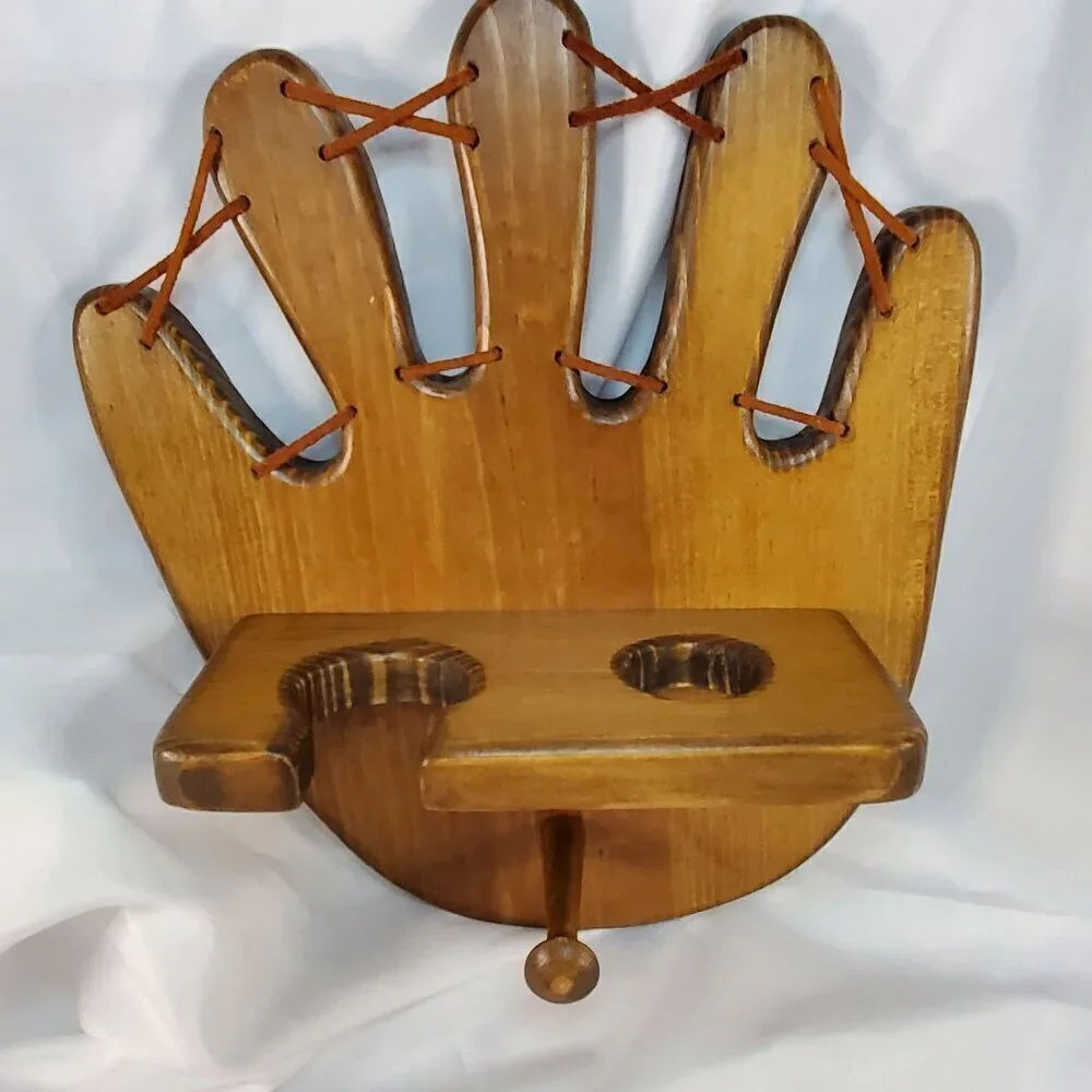 Wooden Baseball Glove Shaped Bat and Ball Holder Display Rack With Peg